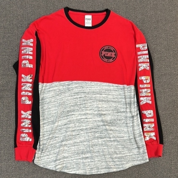 VS Pink Long Sleeve Crew Neck Top - Silver Bling - Size Medium - Picture 3 of 8